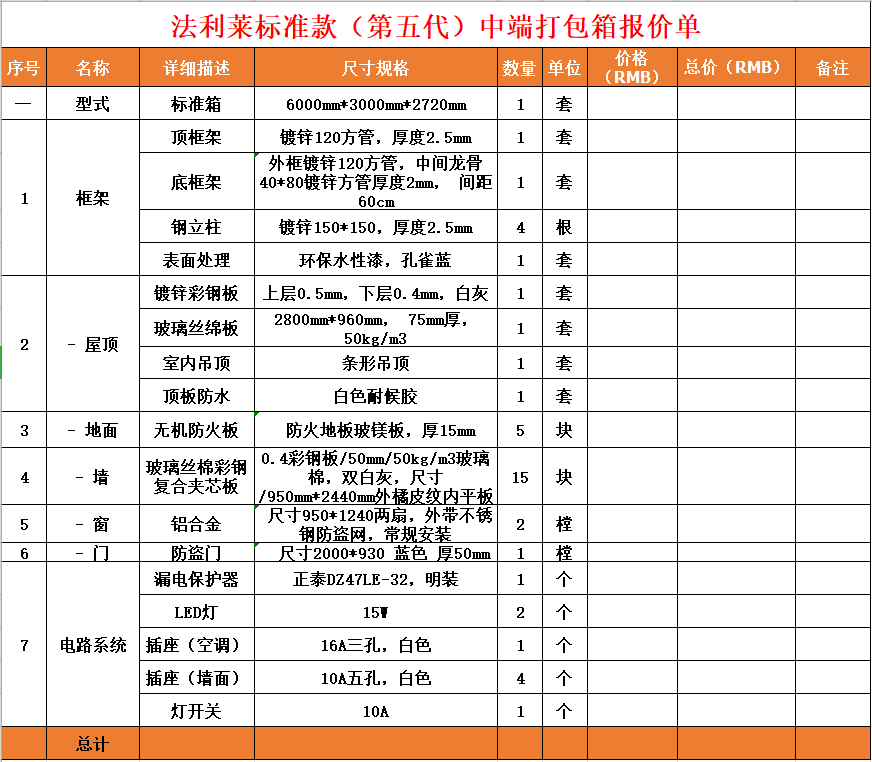 中端打包箱报价单